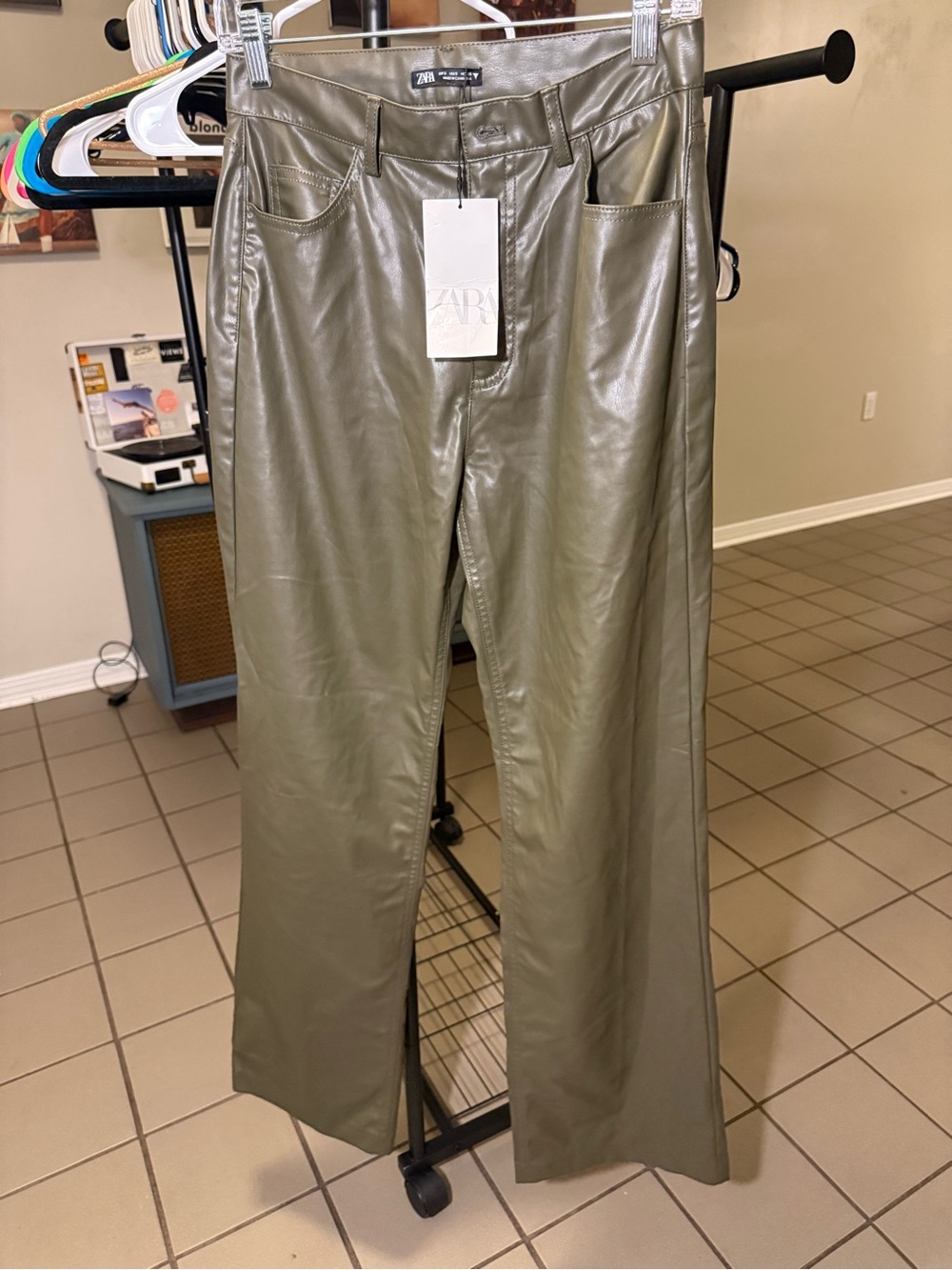 ZARA Olive Faux-Leather Wide-Leg Pants